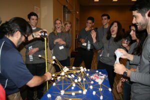 people building with marshmallows